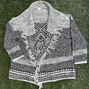 J. Jill Chunky Knit Sweater Cardigan Boho Western Cowgirl Aztec Fringe Wool XL